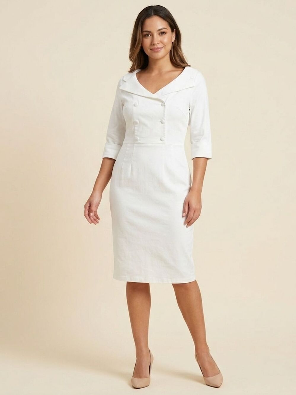 MUXXN Double Breasted Pencil Dress Size Large White Vintage Inspired Retro 50s